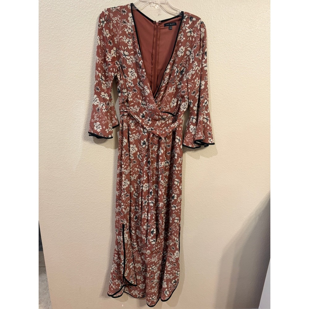 Lily Black Floral Wide Leg Jumpsuit Rust Terracotta Bell Sleeve V-Neck Large